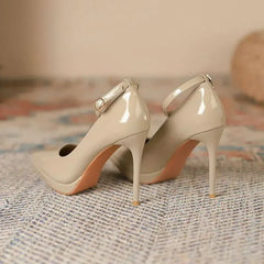 11cm Super High Stiletto Heels Pumps Women Shoes Pearl Chain Thong Ankle Strap Pointed Toe Big Size Leather Office Shoes