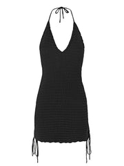 Knit Halter V-Neck Mini Dress – Side Cross Straps Beach Cover-Up (2025)