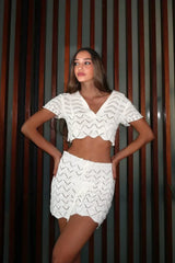 Summer Sexy Knit Two-Piece Set – V-Neck Lace-Up Top & Cut-Out Mini Skirt Cover-Up