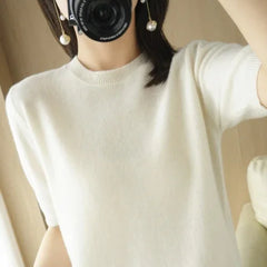 Women’s Short Sleeve Slim Fit Knitted Sweater – Camel & Pink