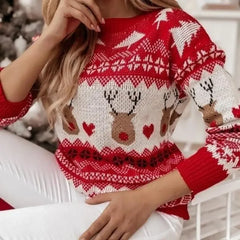 Women’s Christmas Elk Print Sweater – Warm Long Sleeve Knit Pullover