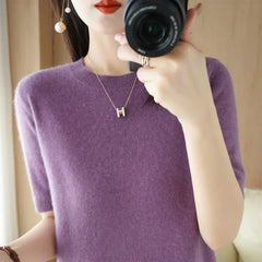 Women’s Short Sleeve Slim Fit Knitted Sweater – Camel & Pink