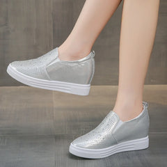 Women's Sneakers Hollow Rhinestone Platform Wedge 2023 Spring Fall Hidden Heel Breathable Fashion Shoes Casual Simple