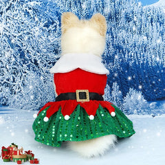 Christmas Dog Dress – Red Belt & Sequin Skirt Holiday Outfit