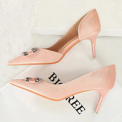 Velvet Pointed Toe Hollow Pumps – Crystal Buckle Thin High Heels (Purple)