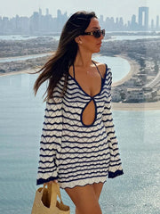 Boho Striped Knit Mini Dress – V-Neck Cut-Out Bell Sleeve Cover-Up (K123)