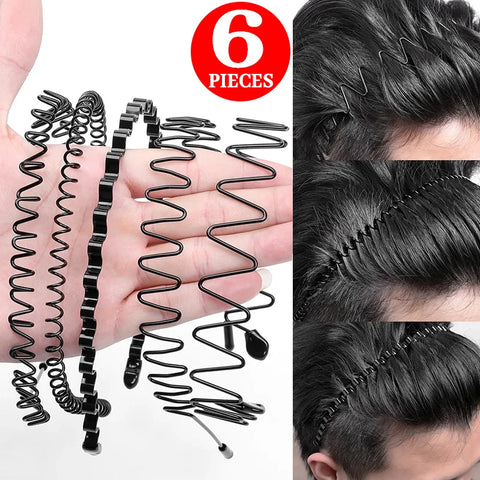 1/6PCS Metal Wavy Hair Bands – Unisex Black Head Hoop
