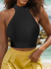 Women’s Ribbed Knit Halter Crop Top – Y2K Style