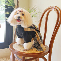 Black & Khaki Plaid Pet Dress – School-Style Dog & Cat Outfit with Bow Tie