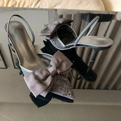 Black Bow knot High Heels Sandals Women 2025 Summer Slingback Pumps Vintage Satin Pointed Toe Heeled Elegant Party Lady Shoes