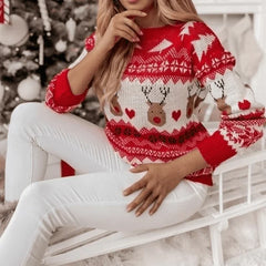 Women’s Christmas Elk Print Sweater – Warm Long Sleeve Knit Pullover