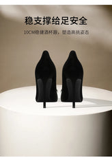 Diamond square buckle black high heels, slim heels, fashionable temperament, suede professional pointed French single shoes