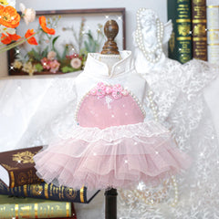 Pink Flower Disc Button Pet Dress – Summer Princess Outfit for Dogs & Cats