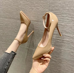 11cm Super High Stiletto Heels Pumps Women Shoes Pearl Chain Thong Ankle Strap Pointed Toe Big Size Leather Office Shoes