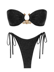 Tie-Side Shiny Ring Bandeau Bikini – Women’s Padded Low-Waist Swimsuit 2025