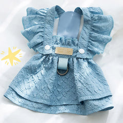 Denim Dog Dress – Summer Blue Outfit with Leash Ring for Small Dogs & Cats