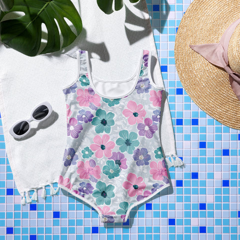 Vibrant Floral Print One-Piece Youth Swimsuit