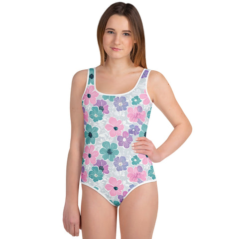 Vibrant Floral Print One-Piece Youth Swimsuit