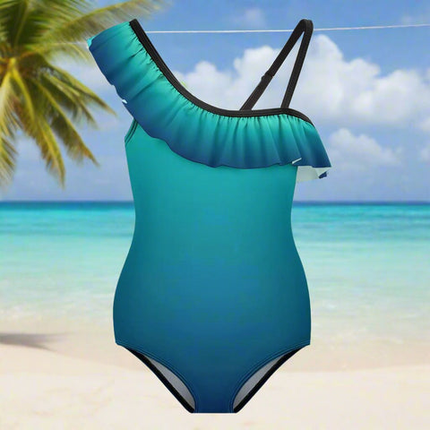 Girls Ombré Ruffled One-Shoulder 🩱 One Piece Swimsuit 