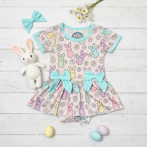 Pastel bamboo bunny romper dress with snap bottom