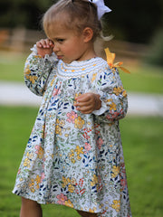 Fall  Embroidery Smocking Bow Floral Leaf Baby Girls Dress
