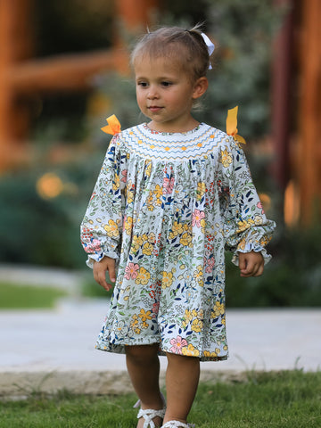 Fall  Embroidery Smocking Bow Floral Leaf Baby Girls Dress