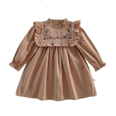 4T Baby Girl Beige Flower Embroidered A Line Cotton Dress